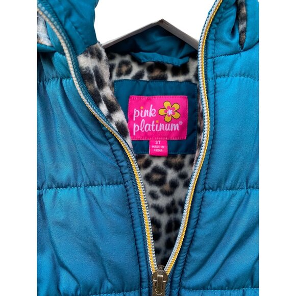 Pink Platinum Girls Quilted Winter Jacket 3T With Leopard Print Lining & Hood - Picture 2 of 5